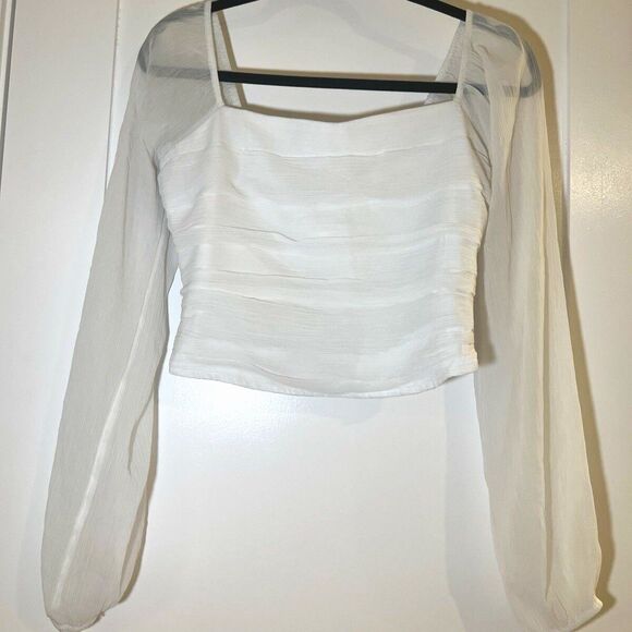 Hollister White Cream Chiffon Square Long Sleeve Crop Top Blouse Medium M Fairy - Picture 2 of 7